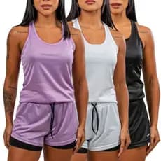 KIT3 Conjuntos Academia Feminino Regata Nadador+Short Duplo pra Musculação com Bolso Oculto pra Fone