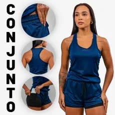 Conjunto Feminino Regata Nadador + Short 2em1 Bermuda compressão Bolso Oculto Celular