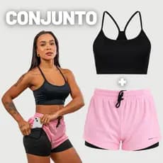 Conjunto Feminino Academia Shorts 2em1+TOP PRETO Fitness Para Corridas Treinos