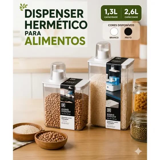 Pote Hermético Lumini Dispenser 1,3L 2,6L Organizador Alimentos Mantimentos Grãos Arroz com Dosador