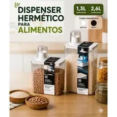 Pote Hermético Lumini Dispenser 1,3L 2,6L Organizador Alimentos Mantimentos Grãos Arroz com Dosador