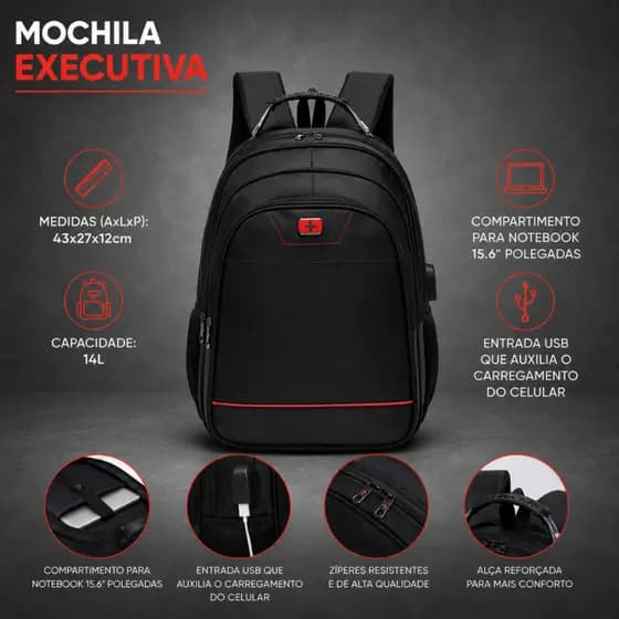 Mochila Bolsa Executiva Swicky Notebook Grande Reforçada USB Fone de ouvido