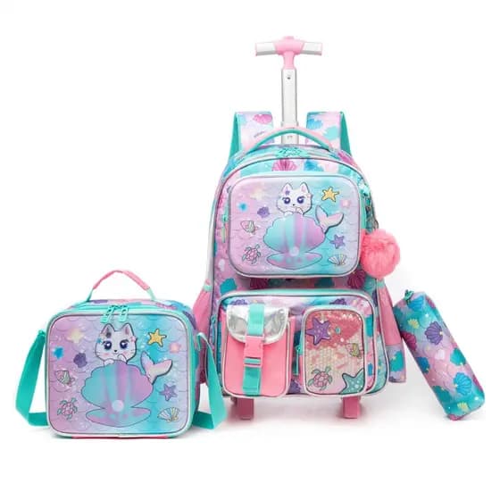 Kit Mochila Rodinha Gatinha Sereia Feminino Infantil Escolar Lancheira Térmica Estojo Organizador