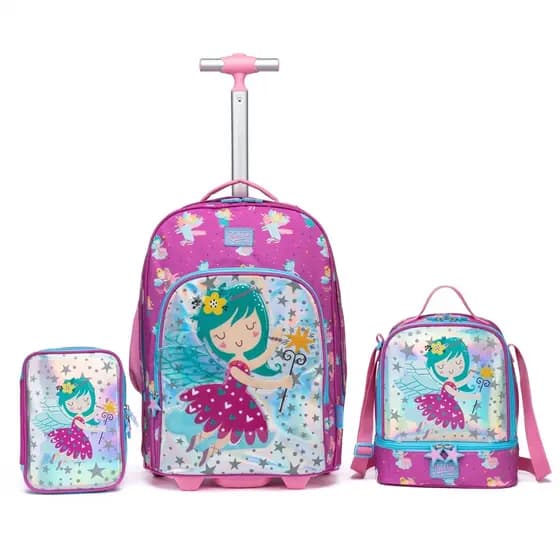 Kit Mochila Rodinha Fada Feminina Infantil Escolar Lancheira Térmica Estojo Organizador