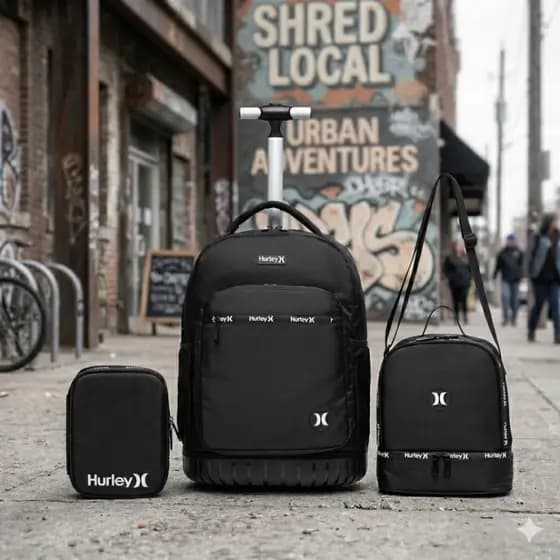 Kit Mochila Hurley Rodinha Lancheira Estojo Organizador Base Emborrachada Reforçada