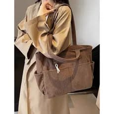 (2205)Bolsa transversal de veludo cotelê, grande capacidade, vários bolsos, leve, fecho de zíper