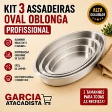Jogo 3 Assadeiras Oval Oblonga Alumínio Profissional Nº1 com 32cm - Nº2 com 38cm - Nº3 com 43cm