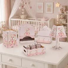 Kit Higiene Bebê rosa menina 8 Pç Mdf Mult uso adesivado novidade Pronta Entrega promoção