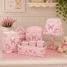 Kit Higiene Bebê Borboleta Rosa 8 Peças MDF Decoração Menina Porta Fraldas Novidade