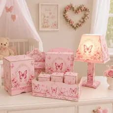 Kit Higiene Bebê 8 Peças Jardim Rosa MDF Decorado Completo Quarto Infantil Novidade