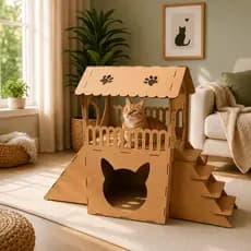 Casinha para Gatos 2 Andares MDF com Arranhador e Rampa Carpete– Toca Playground Antiestresse