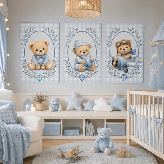 Kit 3 Quadros MDF Urso Aviador Azul Quarto Bebê Menino Decoração