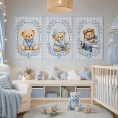Kit 3 Quadros MDF Urso Aviador Azul Quarto Bebê Menino Decoração