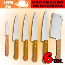 KIT 5 Facas + 1 Cutelo Com Cabo De Madeira Envio Rápido
