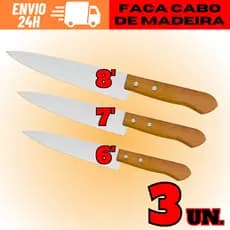 KIT 3 De Facas De Aço Inox Com Cabo De Madeira N°8 Nº7 Nº6 Envio Rápido
