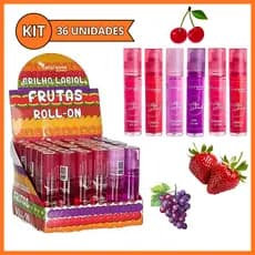 Kit 36 Gloss Brilho Labial Frutas Roll on Hidratante Lembrancinha Atacado Bella Femme
