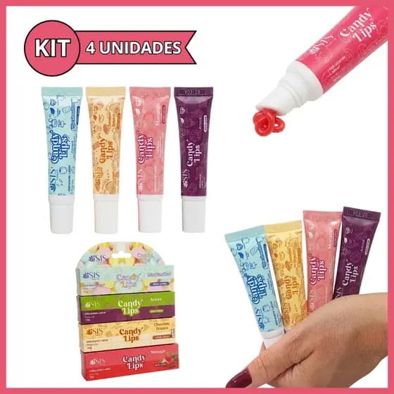 Kit 4 Hidratante Labial Lip Balm com Cor Efeito Gloss e Hidratação Intensa Candy Lips