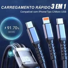 [ORIGINAL] Cabo 3 em 1 TURBO Carregador 100W 6A - Tipo C Iphone Micro USB - Carregamento Simultâneo