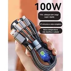 [ORIGINAL] Cabo 3 em 1 TURBO Carregador 100W 6A - Tipo C Iphone Micro USB - Carregamento Simultâneo