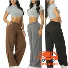 Calça Pantalona Larga Elastico Cintura Alta Bolso Calca Quentinha