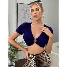 Cropped Decotado Feminino Blusinha Com Argola Manga Curta Costa Fechada Com Bojo 2025