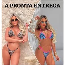 biquíni fita feminino sem bojo onça animal print /j - regulável -com forro não fica transparente