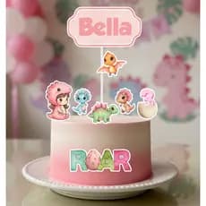 Topo de Bolo Dinossauro Rosa Cute – Festa Infantil Menina, Tema Dino Baby