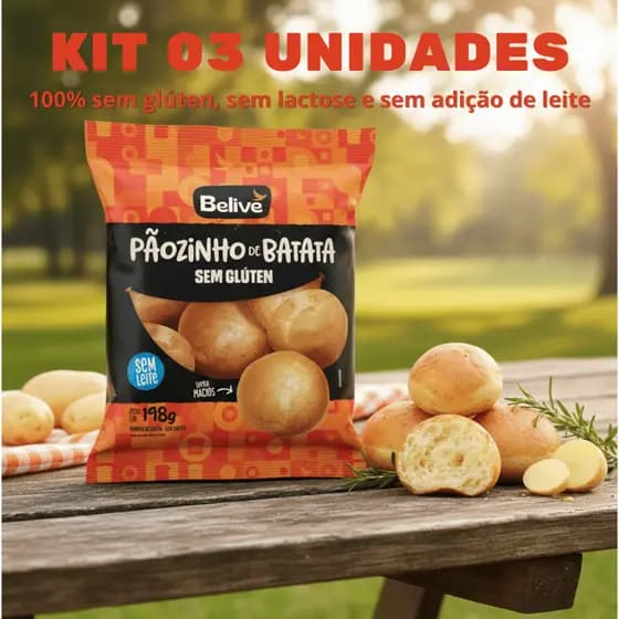 Kit 3 Pão de Batata Belive Sem Leite Sem Glúten 198g cada