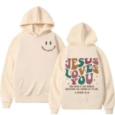 Moletom Blusa de Frio Premiu Flanelado Canguru Capuz Frase ''Jesus Loves You'' Streetwear