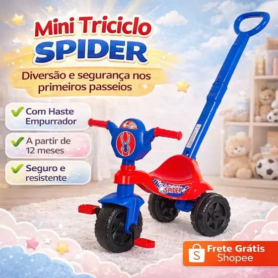 Triciclo Infantil com Haste Gatinha Kemotoca Carrinho de Passeio e Pedal para Bebê 12 Meses