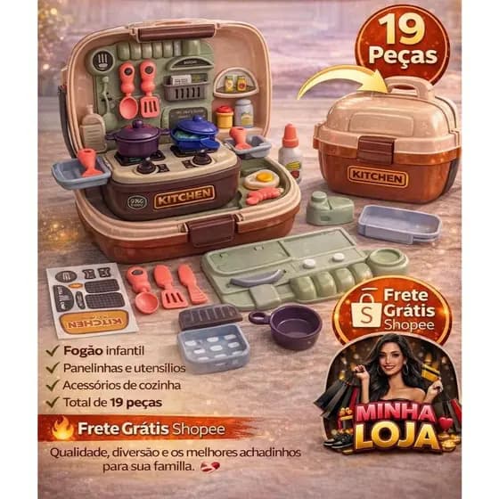 Kit Mini Chef Kitchen 2 em 1 – Cozinha Infantil Portátil 19 Peças