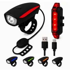 Kit Farol de LED Com Buzina Recarregável + Sinalizador Traseiro Lanterna Para Bike Bicicleta Ciclismo Vermelho Branco