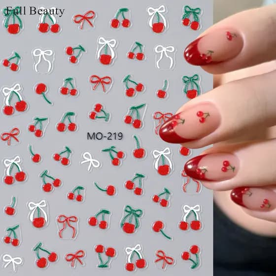 Decalques de Manicure com arco vermelho francês em relevo cereja frutas adesivos para unhas