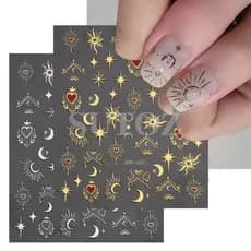 Decalques 3d de Manicure dourados brilhantes sol lua Starburst adesivos para unhas
