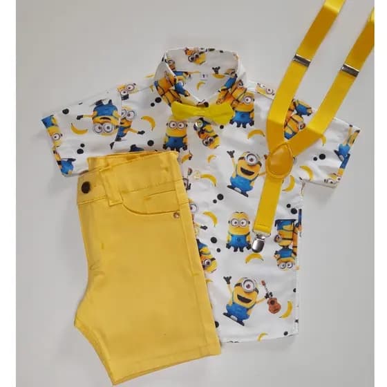 Conjunto temático minions infantil contendo camisa bermuda suspensório e gravata - aniversário, festa, evento