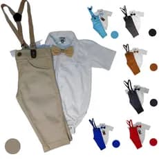 Conjunto body social contendo body manga curta calça suspensório e gravata