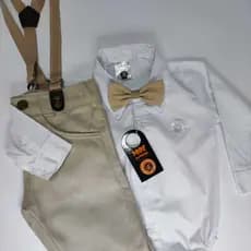 Conjunto body social manga longa calça e suspensório gravata - para batizado festa casamento pajem