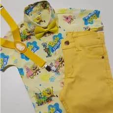 Conjunto temático bob esponja contendo camisa bermuda suspensório e gravata - aniversário, festa, evento