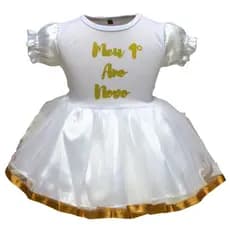 Vestido Meu Primeiro Ano Novo Dourado Mesversário - Fantasia Festa - Bebê