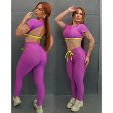 Conjunto Top com Manguinhas e Calça com Cordinha Moda Gringa fitness Costa nua