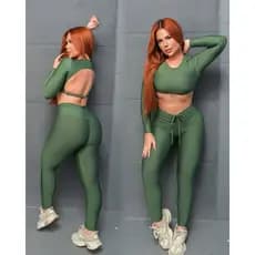 Conjunto Calça com Cordinha e TOP Mangas Longas Compridas Gringa Costa Nua Moda Fitness academia tiktok