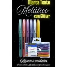 kit 6 Caneta Marca Texto Metálico com Glitter - Cores Metalizada com glitter