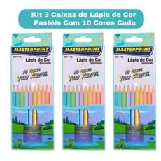 Kit 3 Caixas de Lápis de Cor Pastel10 Cores Sextavado Masterprint - 30 Lápis Material Escolar