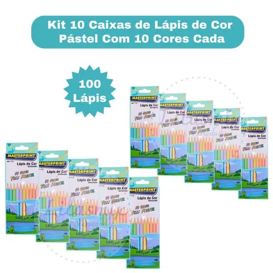 Kit 10 Caixas de Lápis de Cor Pastel 10 Cores Sextavado Masterprint - 100 Lápis Escolar
