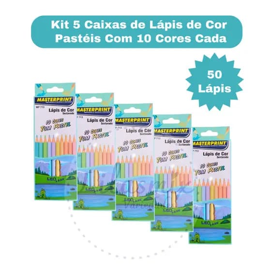 Kit 5 Caixas de Lápis de Cor  Pastel 10 Cores Sextavado Masterprint - 50 Lápis Material Escolar