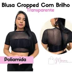 Cropped de Tule de Malha Manga Curta Blusa Lurex Com Brilho