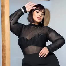 Body Manga Longa Em Tule Com Listras De Lurex Com Brilho Plus Size