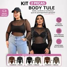 Kit Com 2 Body Feminino Manga Longa Transparente De Tule Plus Size Festa Balada
