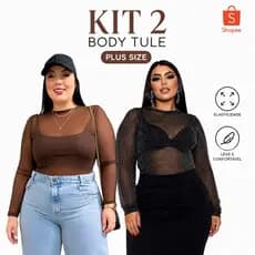 Kit 2 Body Plus Size Transparente De Tule Brilho Festa Balada