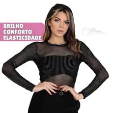 Body Feminino Manga Longa De Tule Com Brilho Prata